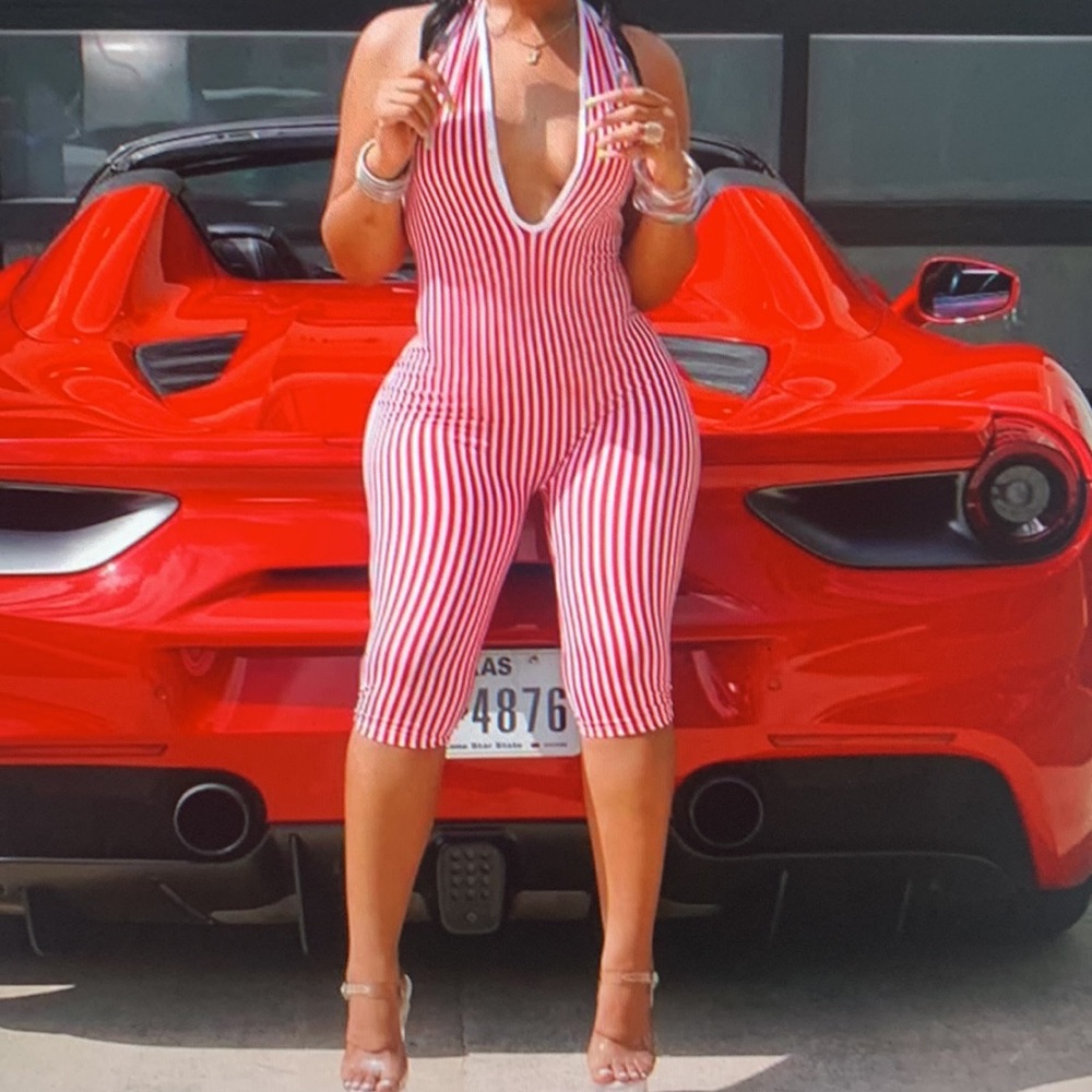 Red & White Striped Deep V Halter Jumpsuit